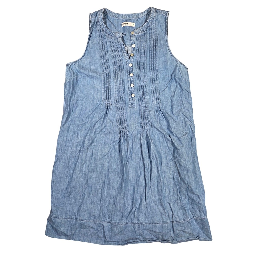 Sonoma Goods For Life Womens Blue Cotton Chambray Pintuck Sleeveless Dress L